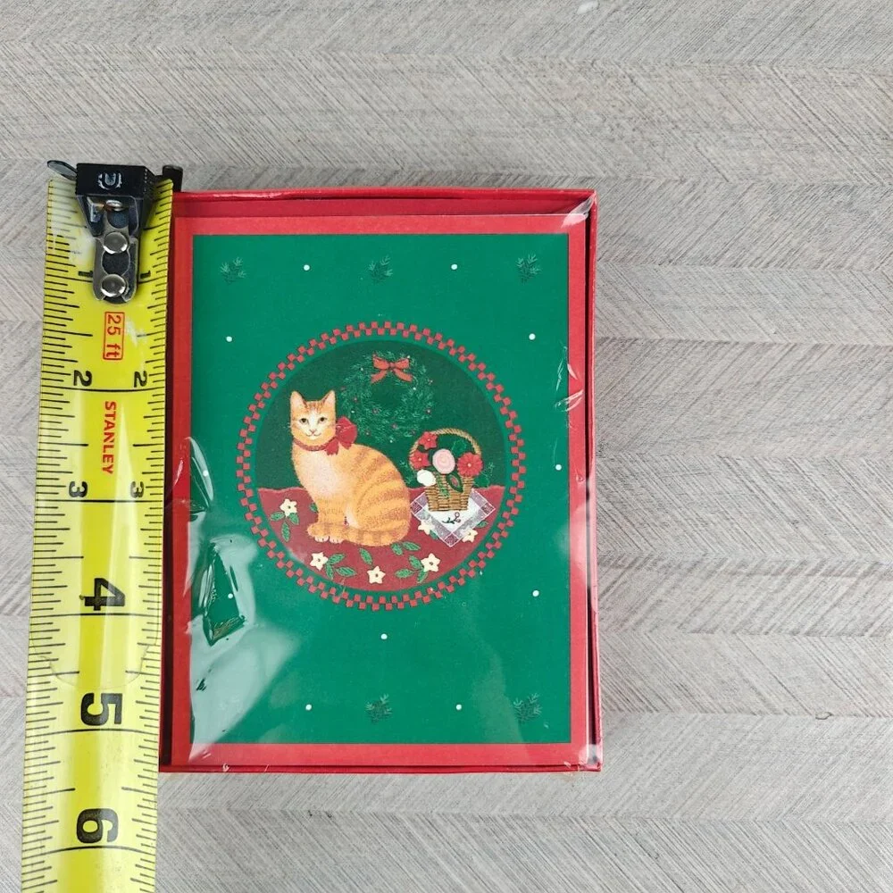 Vtg Hallmark Holiday Decorated Note Cards With Envelopes Cat & Wreath Christmas